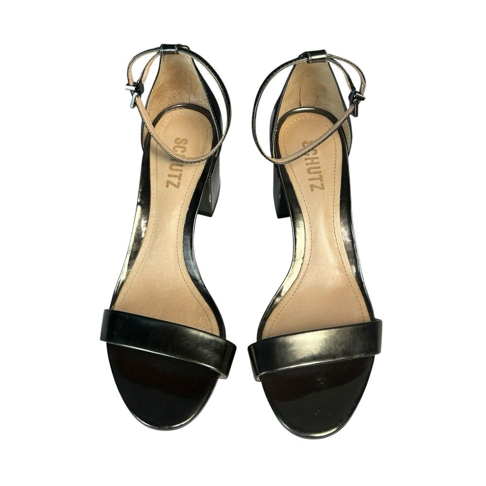 Schutz Womens Chimes Block Heel Sandals 8 B Gunmetal Metallic Strappy - Picture 3 of 9